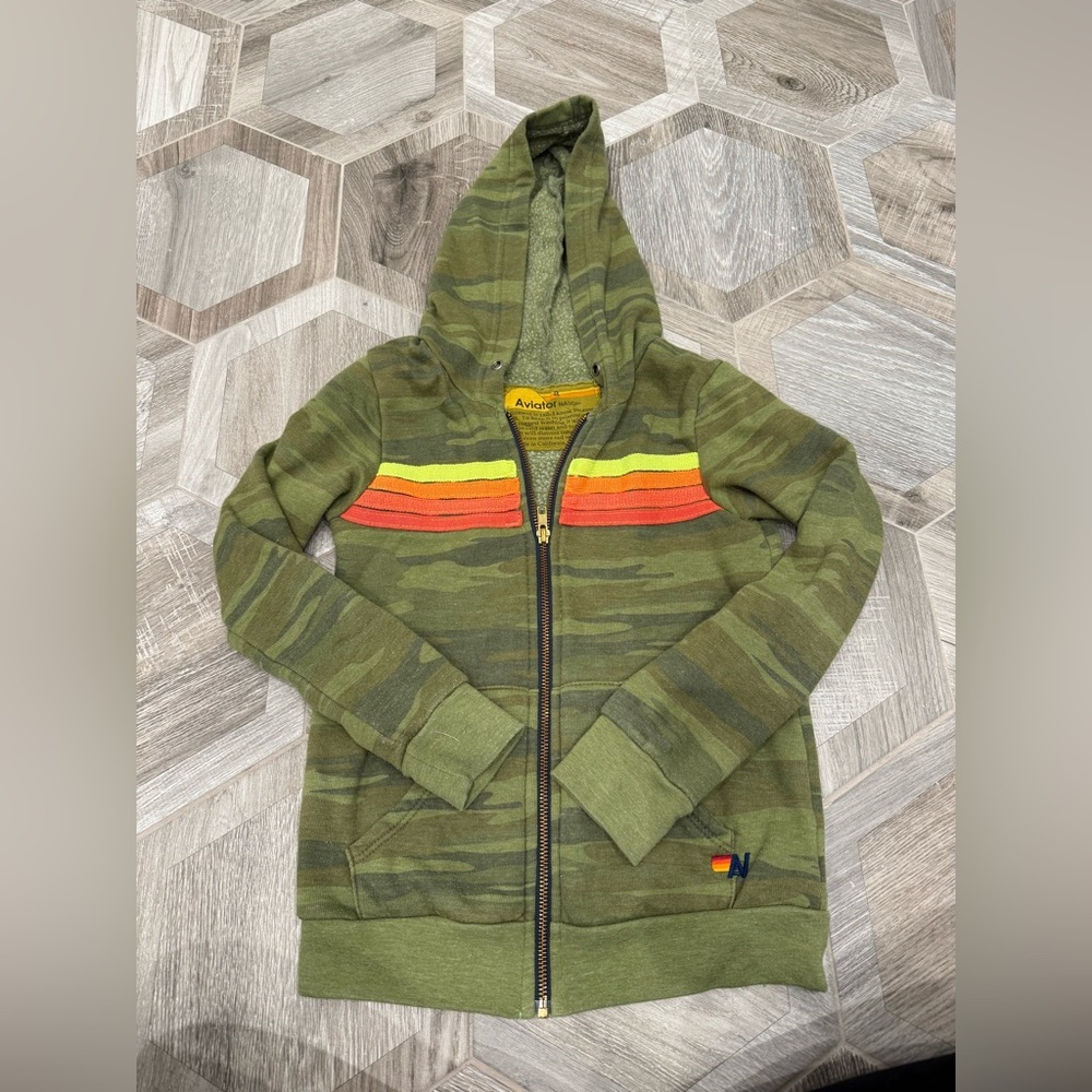 Aviator Nation Green Camouflage Hoodie with Red and Yellow Stripes